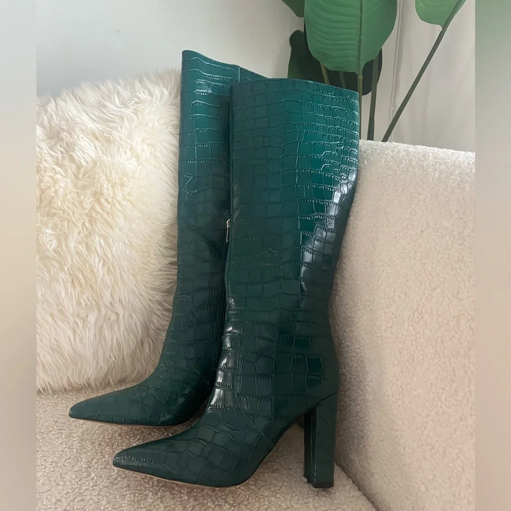 Marc Fisher Giancarlo 2 Green Croc-Embossed Pointed-Toe Knee-high Boots EUC - Picture 3 of 6